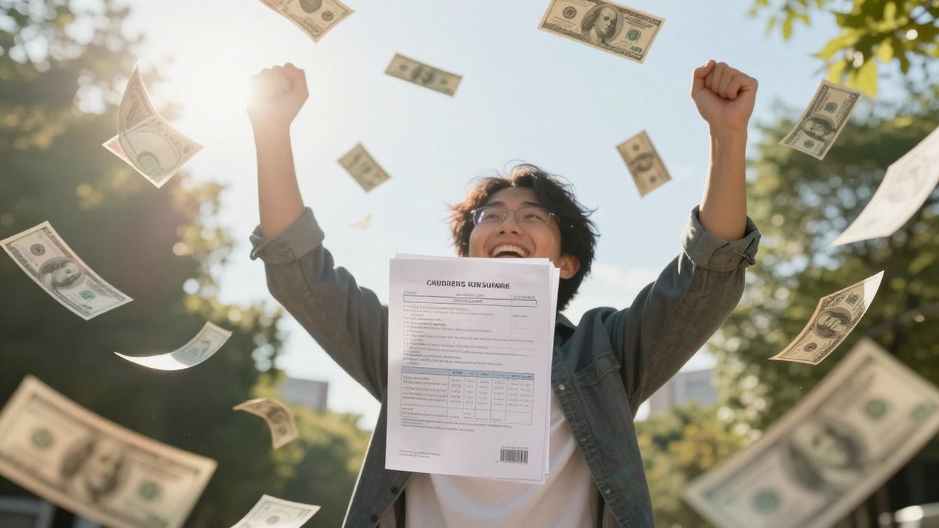 Person celebrating paying off student loans with money flying.