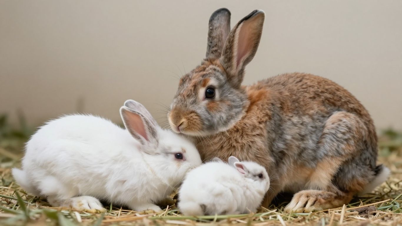 Família de coelhos em ambiente natural e limpo.