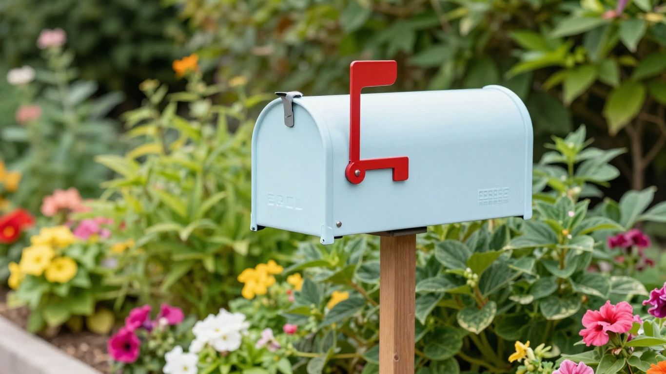 Refurbished mailbox with blooming flowers in a garden.