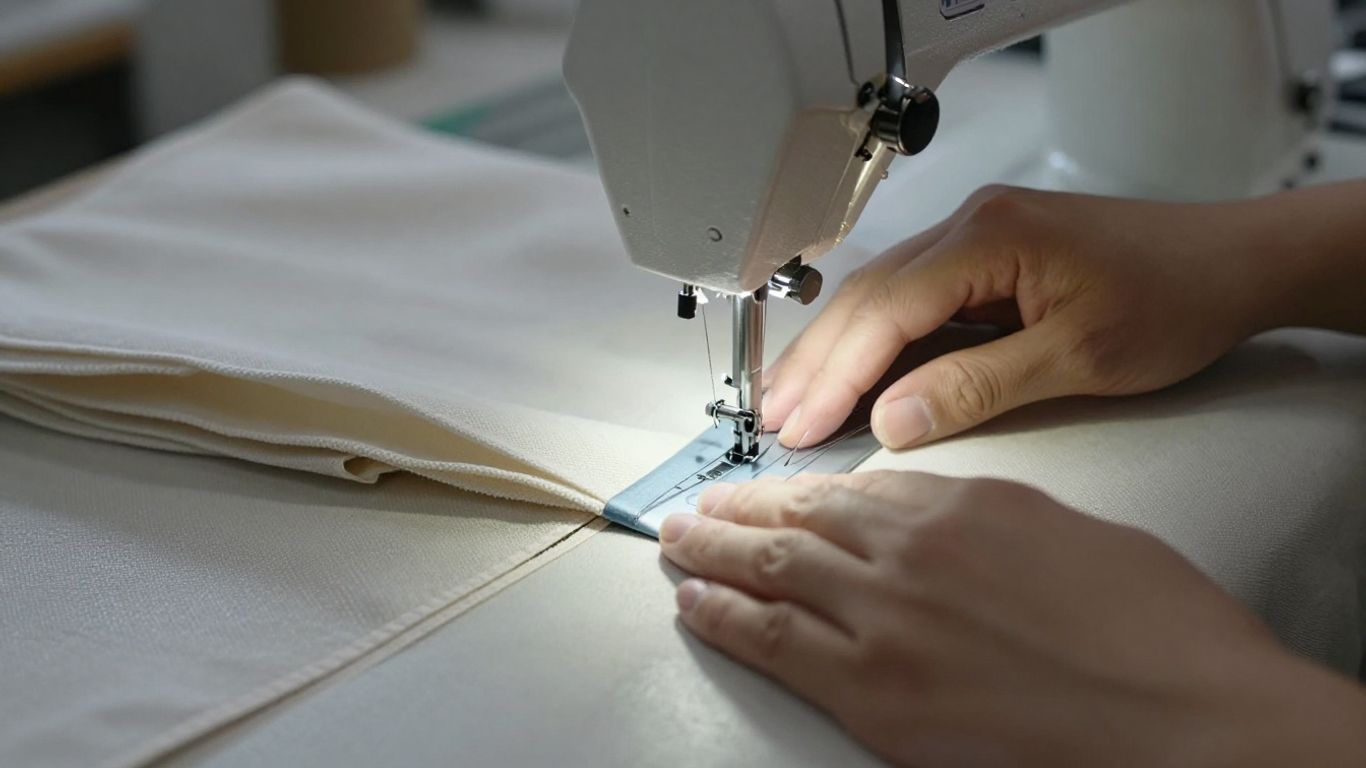 Heavy sewing machines stitching durable book bag fabric.