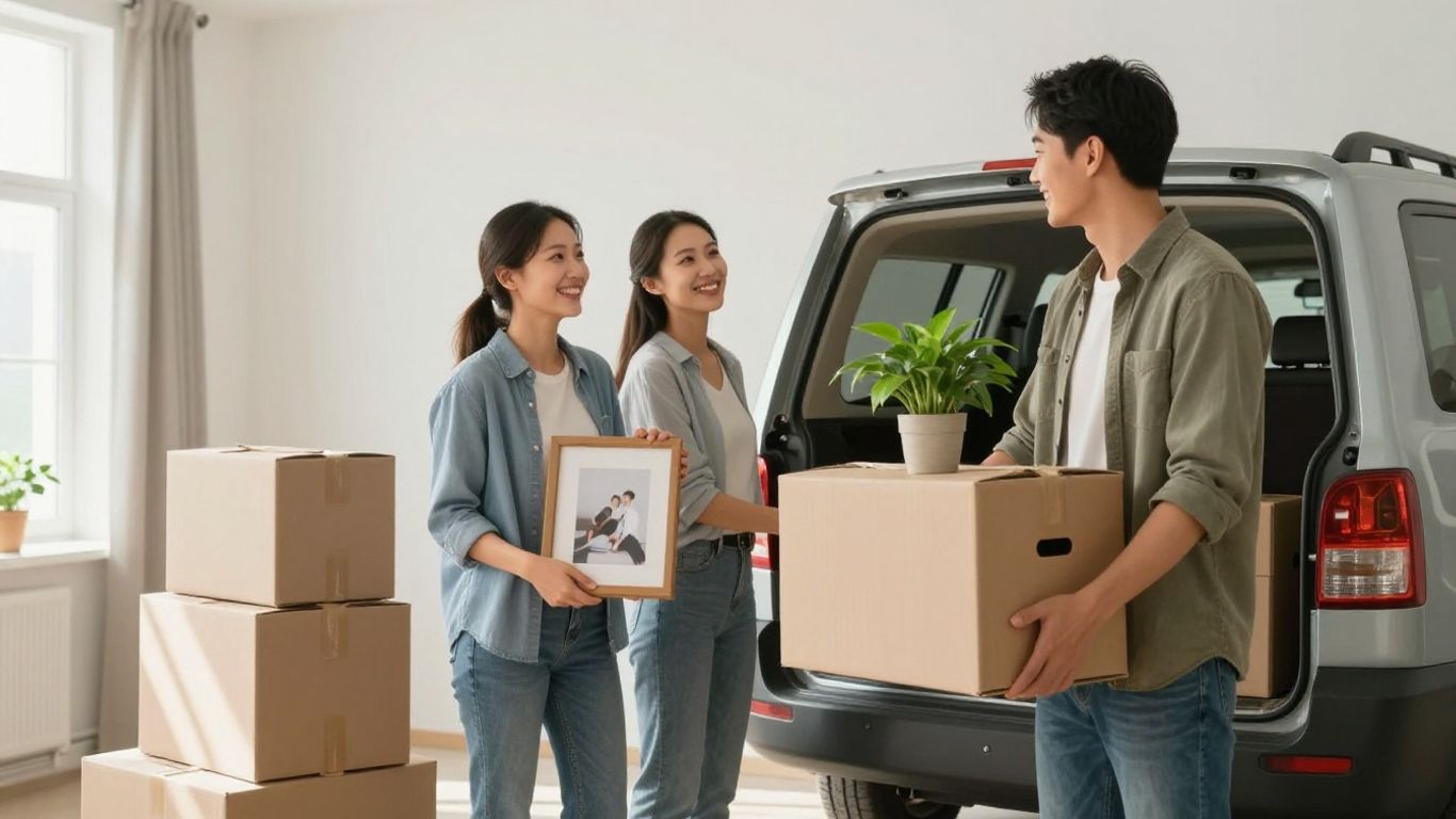 Couple happily unpacking boxes in a new home.