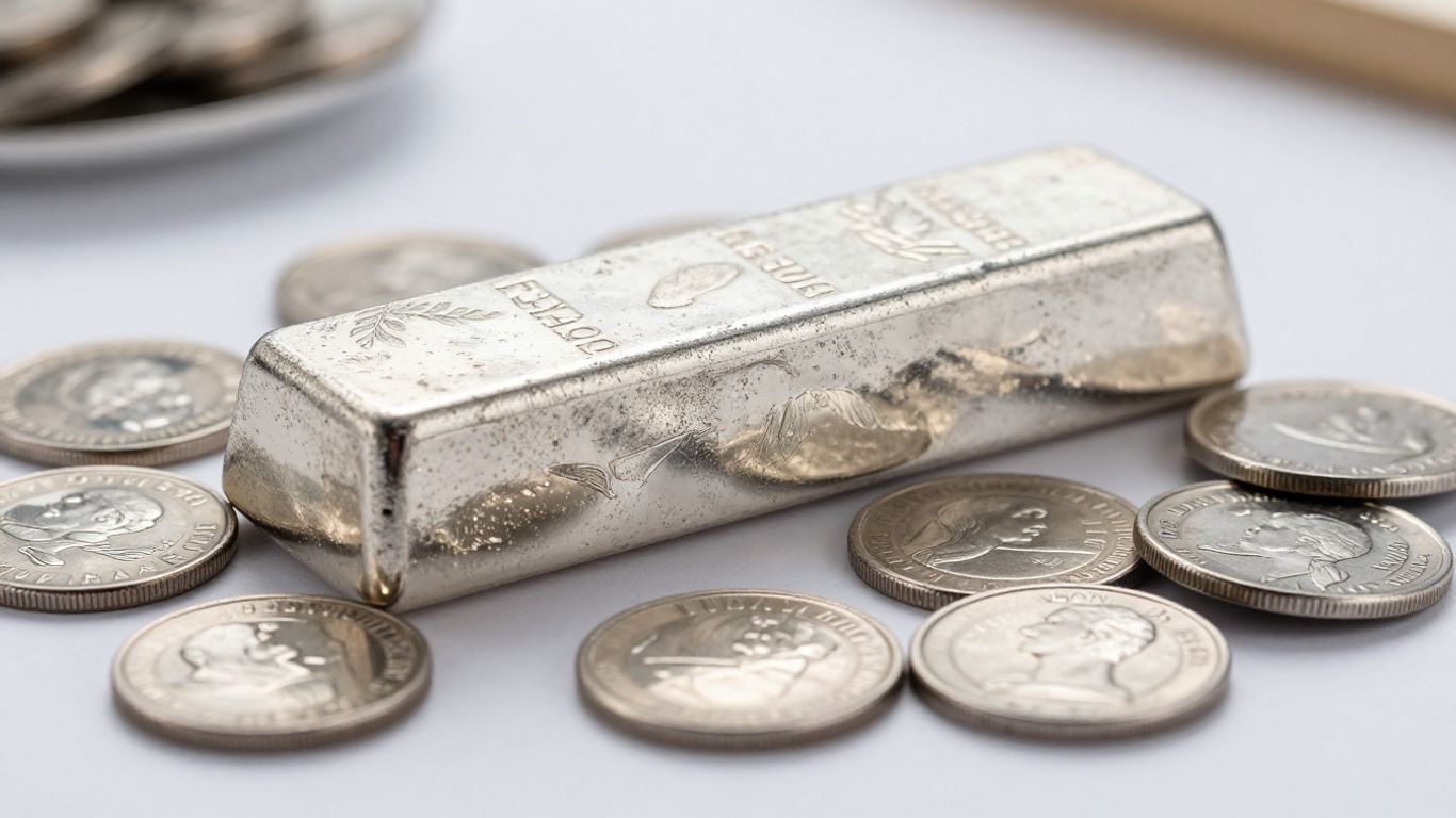 Lingot d'argent et pièces, symbole de richesse et de sécurité.