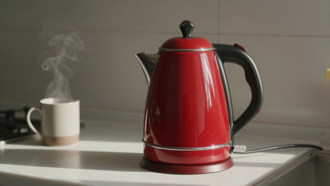Stylish red electric kettle on a kitchen counter.