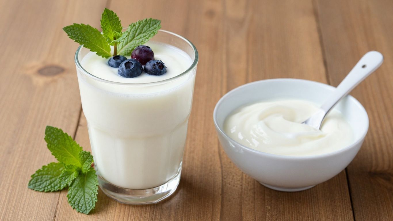 Glass of kefir with berries and mint.