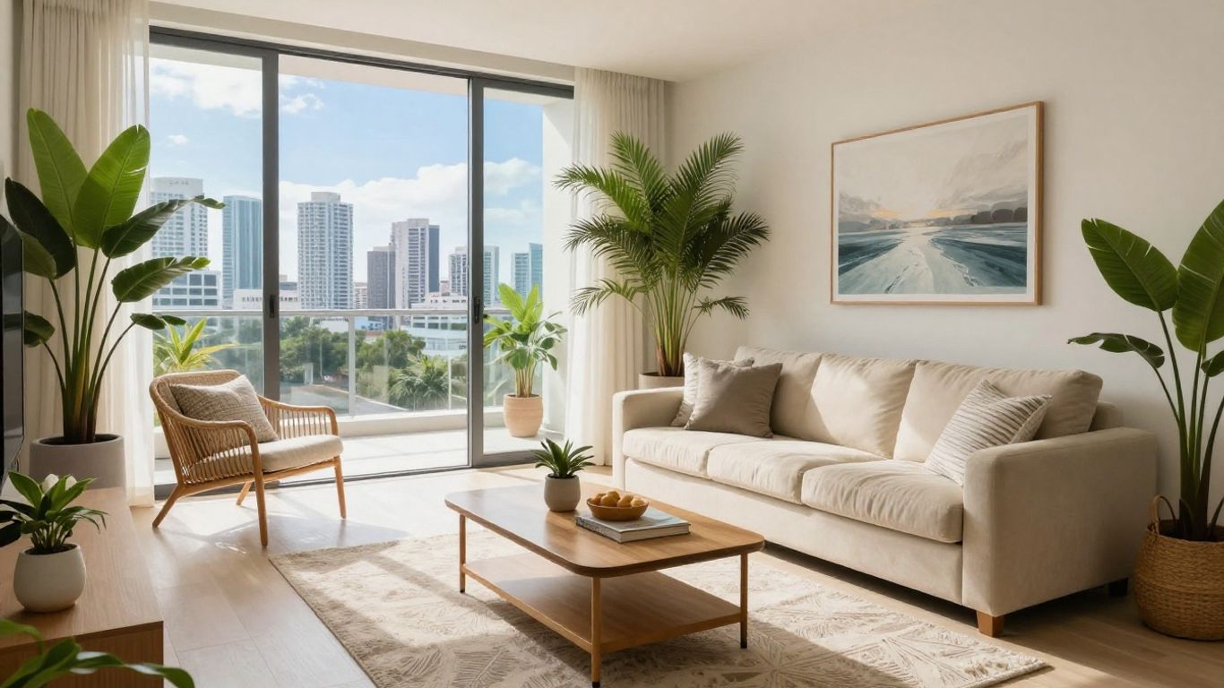 Miami Airbnb interior with stylish decor and city view.