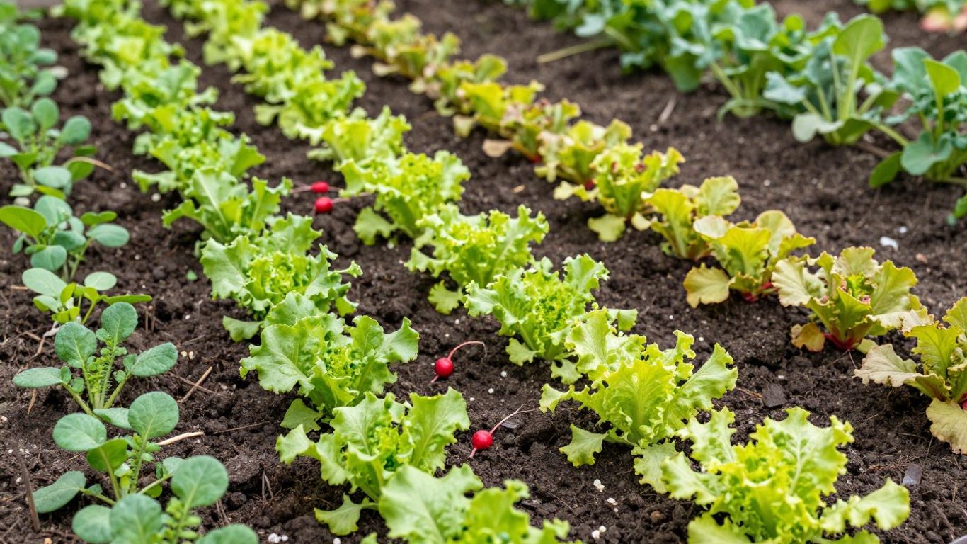 Frühlingsgarten mit jungen Gemüsepflanzen und Erde
