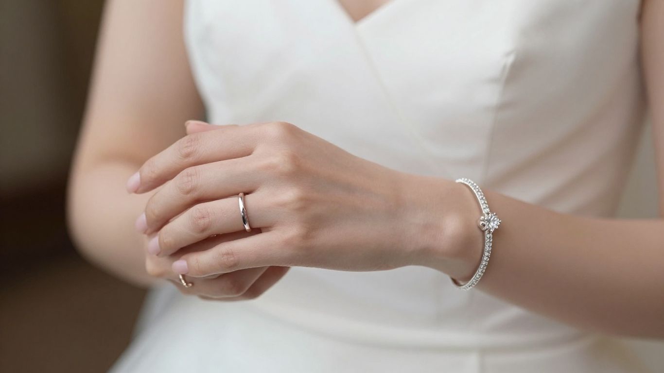 Bride's hands with modern wedding jewellery.