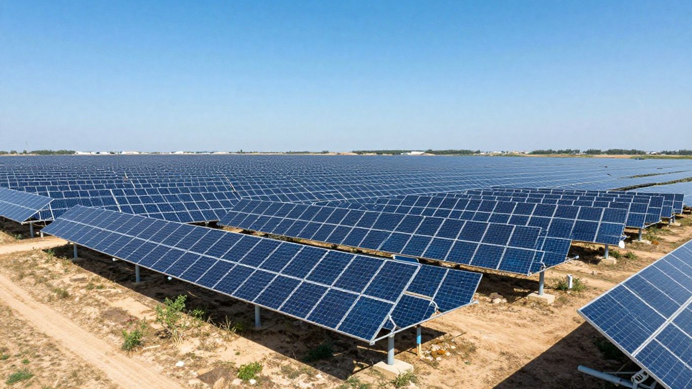 Panneaux solaires dans un champ sous un ciel bleu.