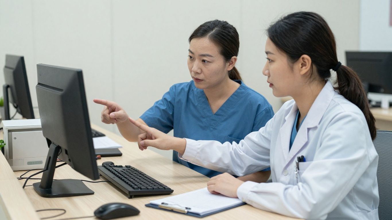 Medical receptionist learning a computer system in a clinic office