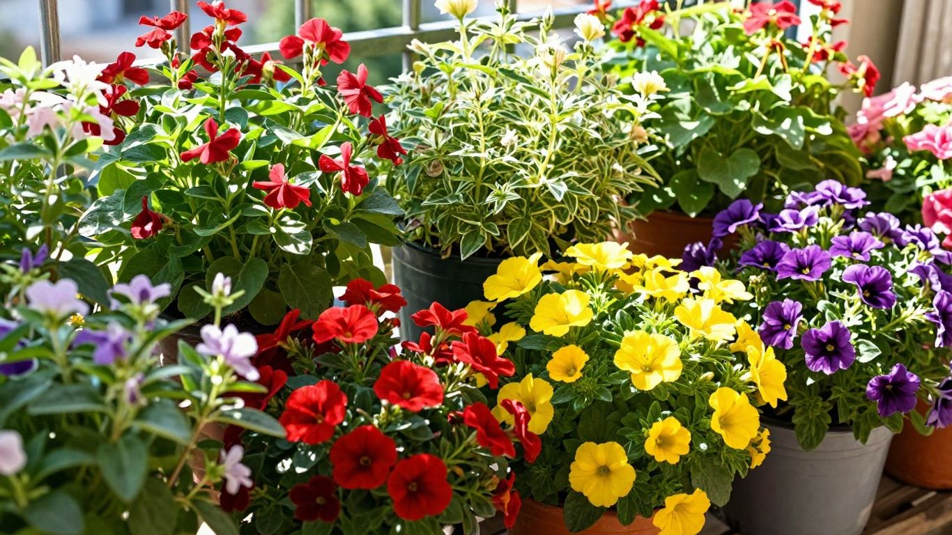 Balkon mit bunten Blumen und grünen Pflanzen