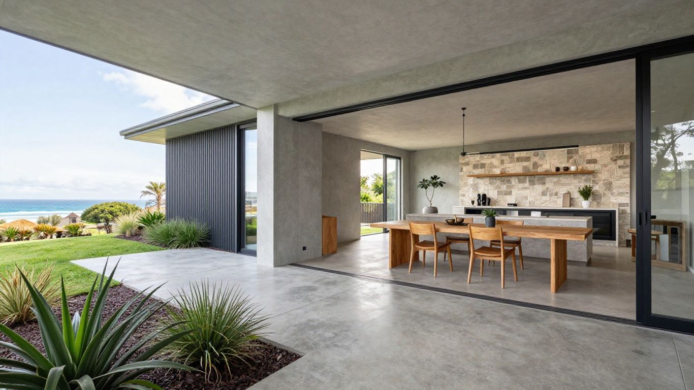 Polished concrete floor in modern New Zealand home