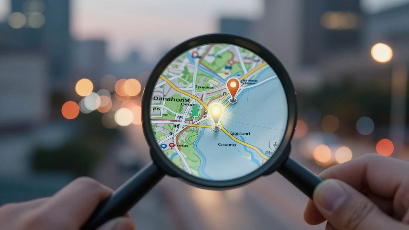 Magnifying glass over map with glowing pins.