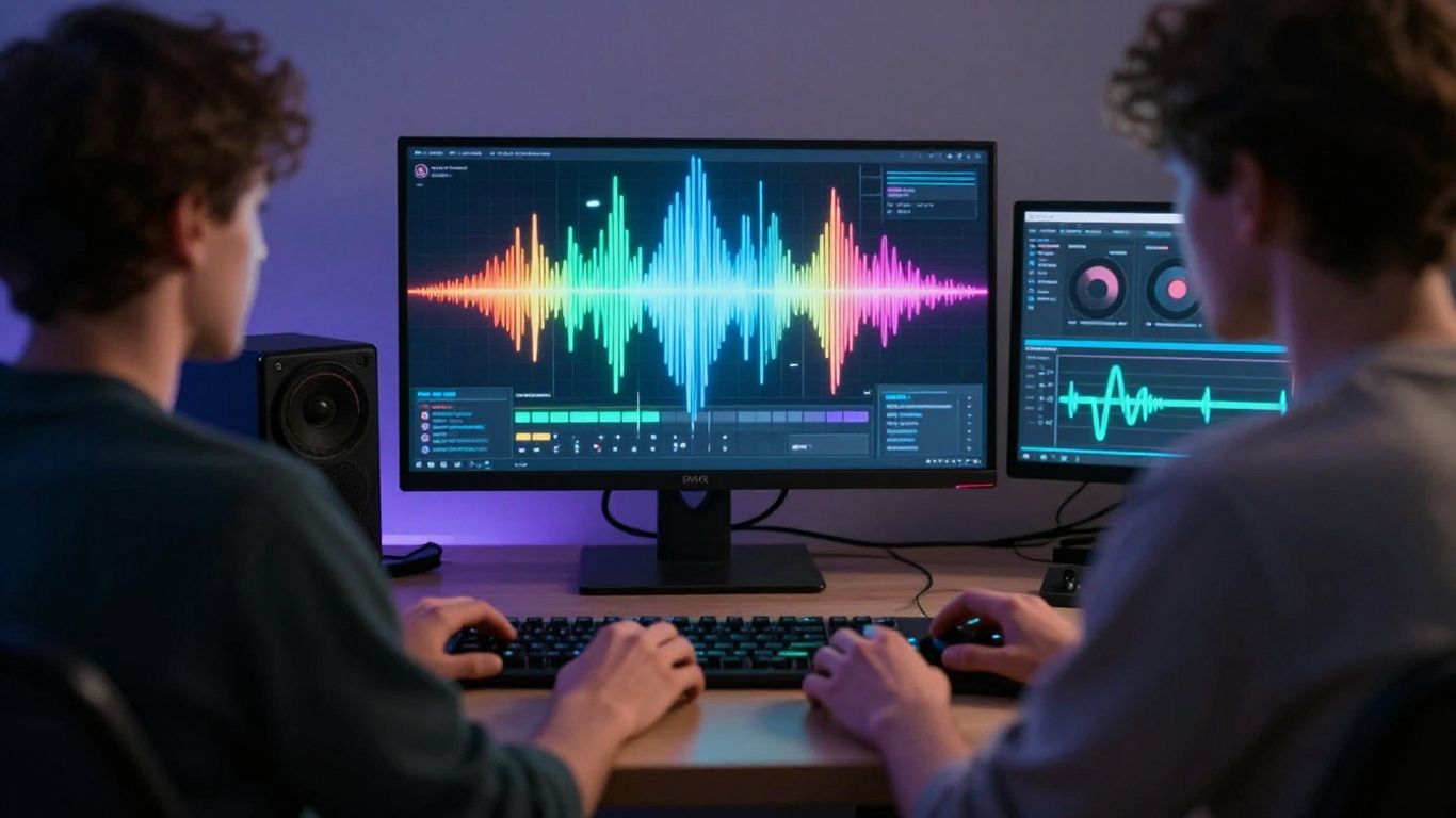 Person using AI music software on a futuristic interface.