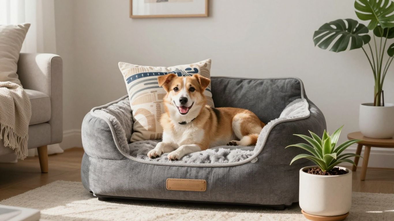 Cozy pet-friendly living room with dog and stylish decor.
