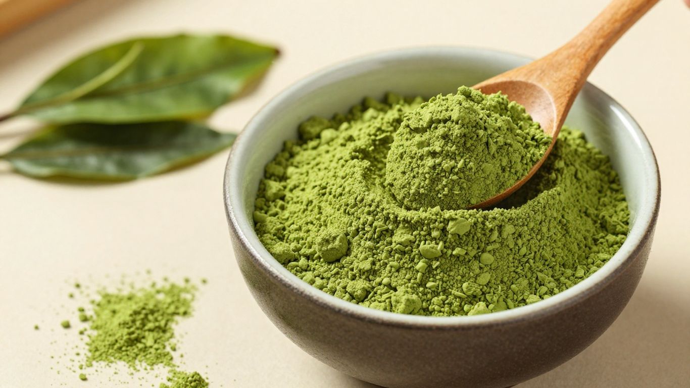 Vibrant green matcha powder in a ceramic bowl with tea leaves.