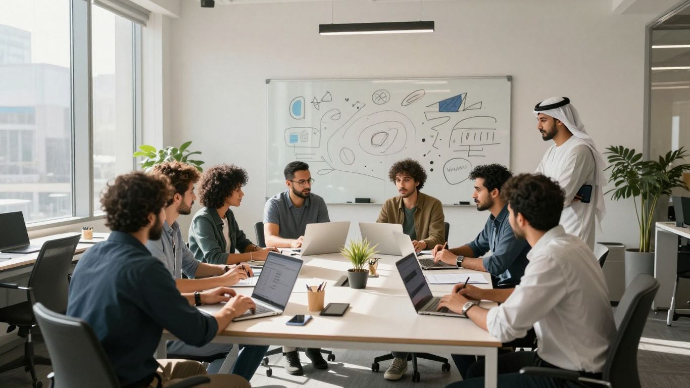 Startup team collaborating in a modern office.