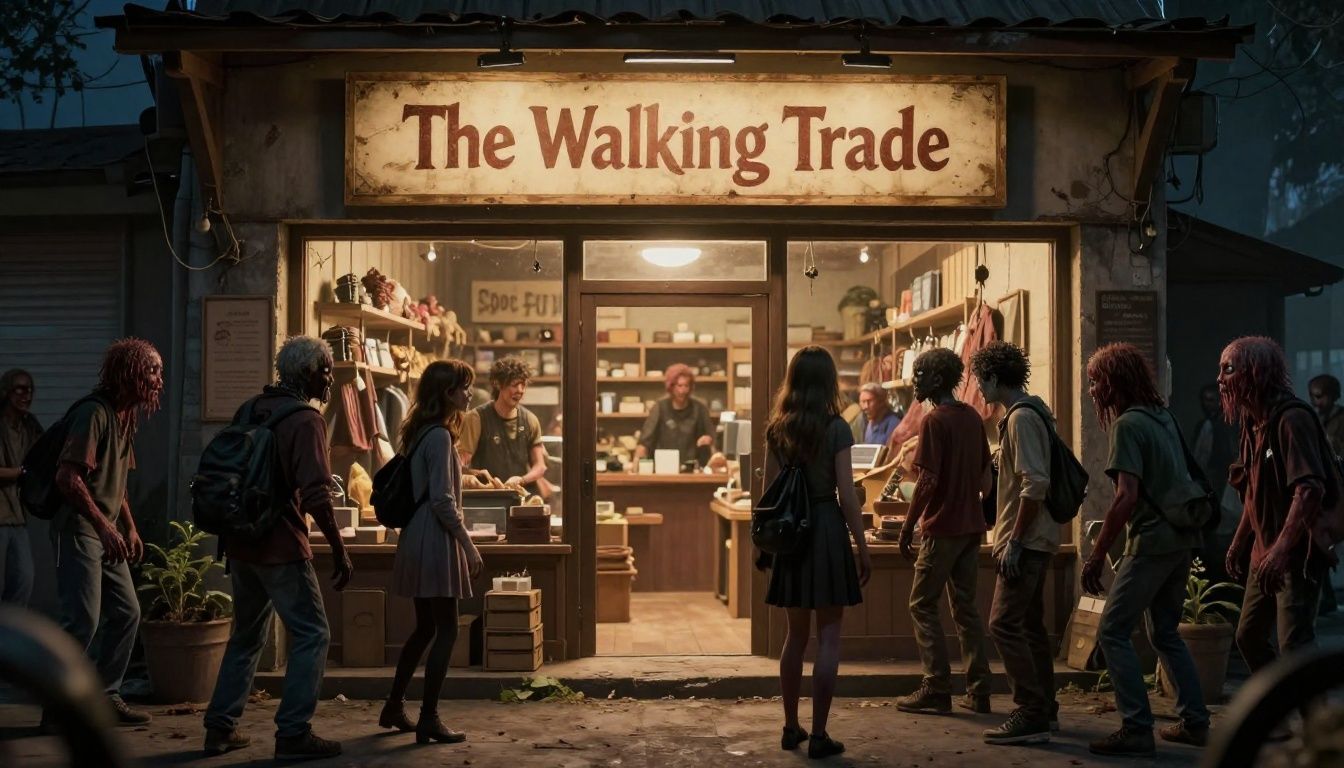 Cena de The Walking Trade mostrando uma loja fortificada cercada por hordas de zumbis durante a noite