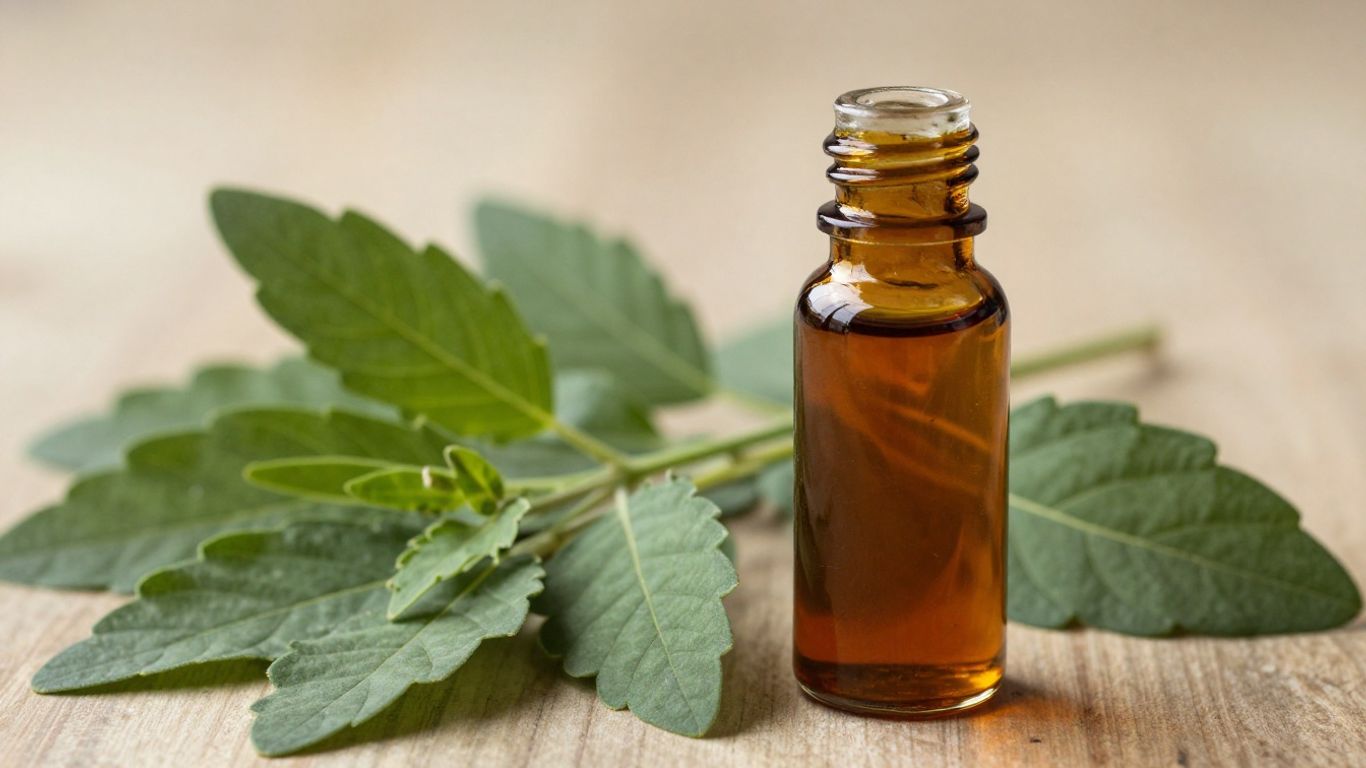 Patchouli oil bottle and leaves