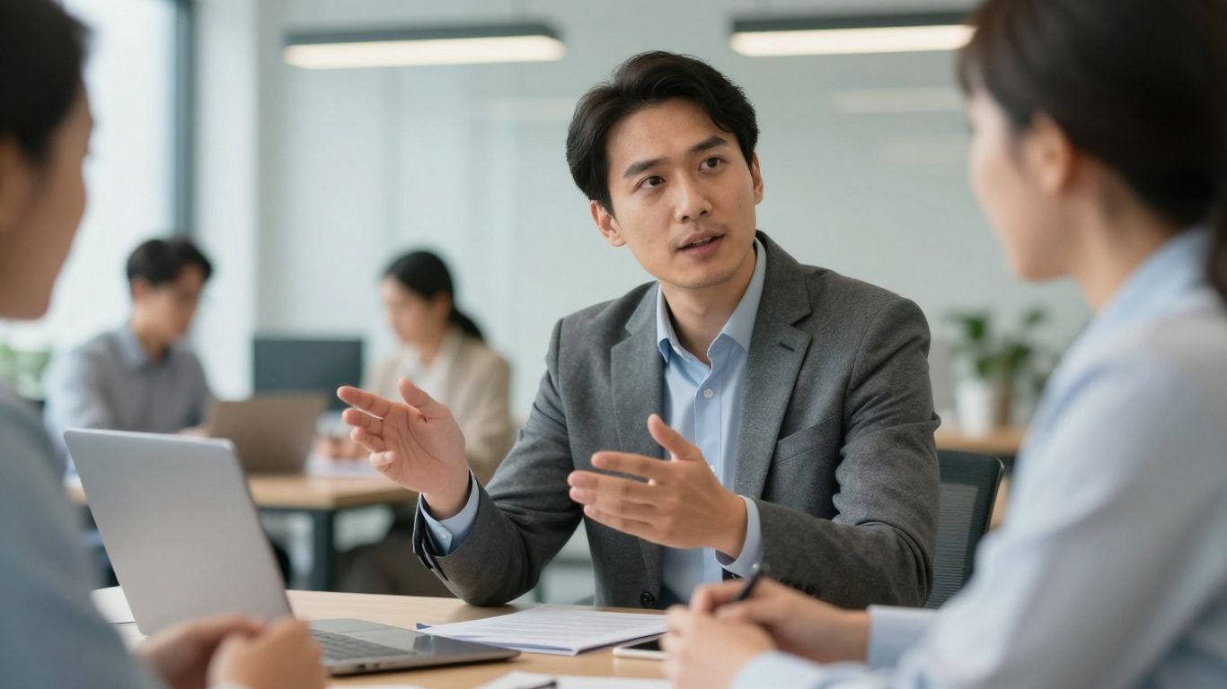 AI consultant discussing strategy with colleagues in an office.
