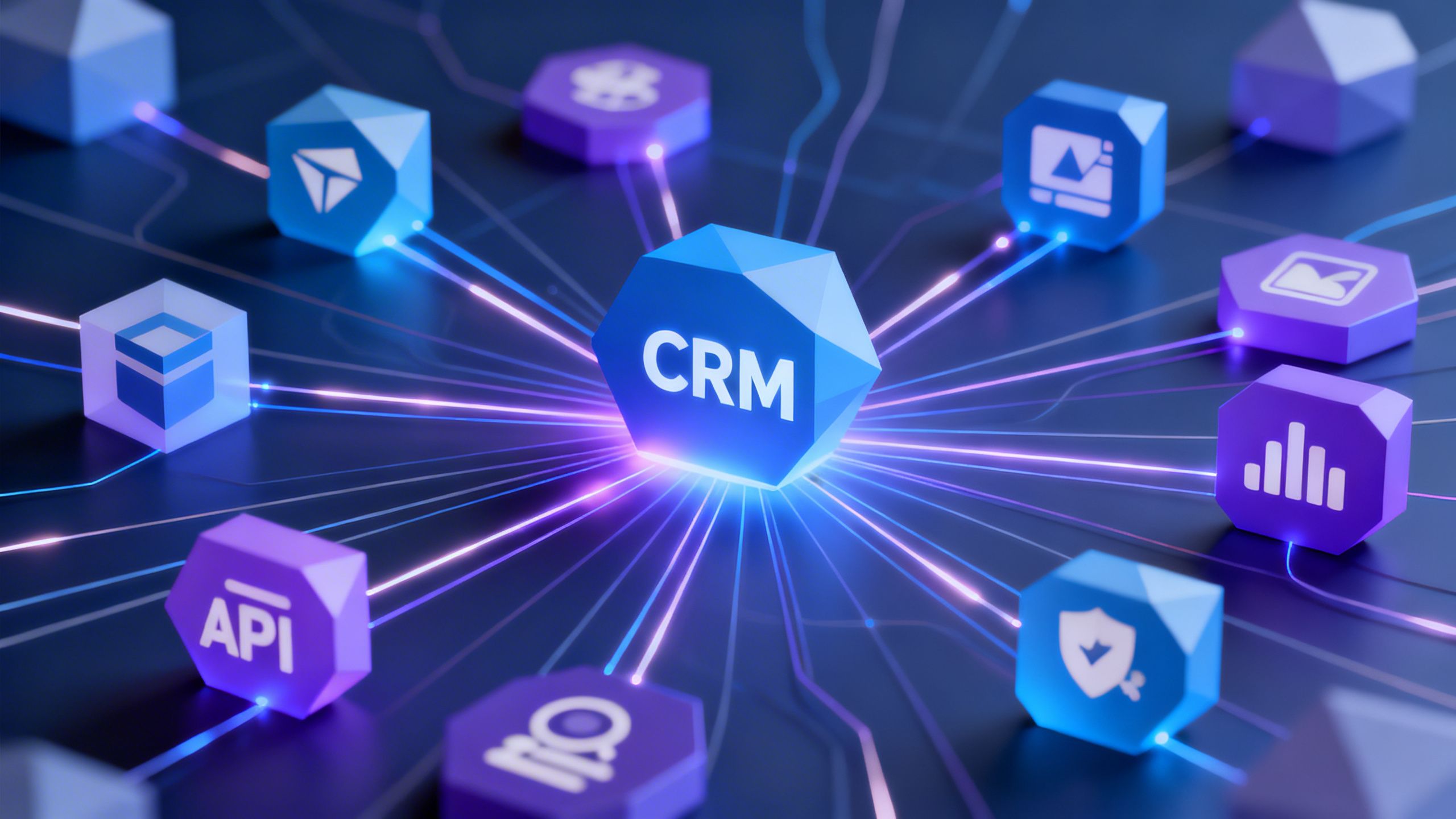 Abstract visualization of different software applications connecting through APIs, representing CRM integration