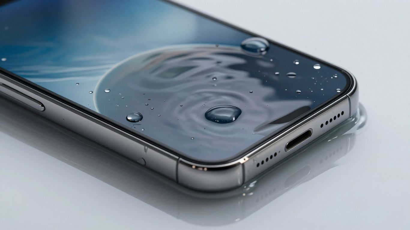 Smartphone screen wet with water droplets.