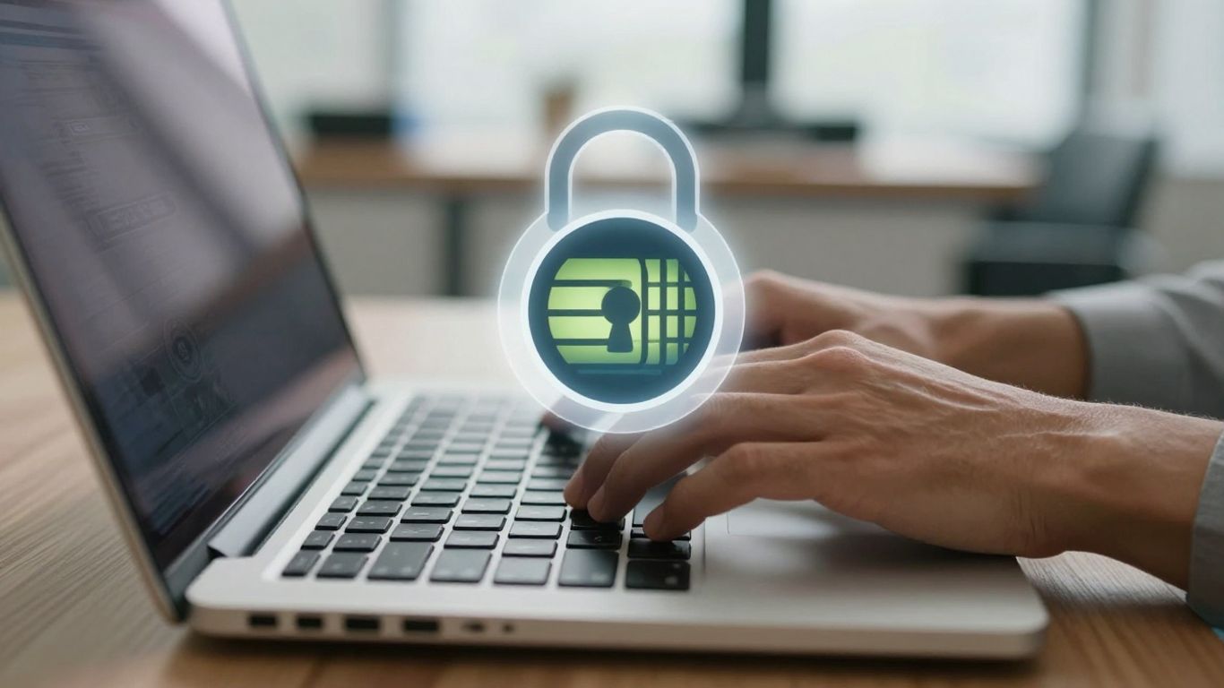 Digital padlock over laptop keyboard.