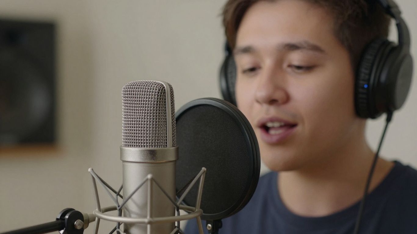Singer with professional microphone in home studio.