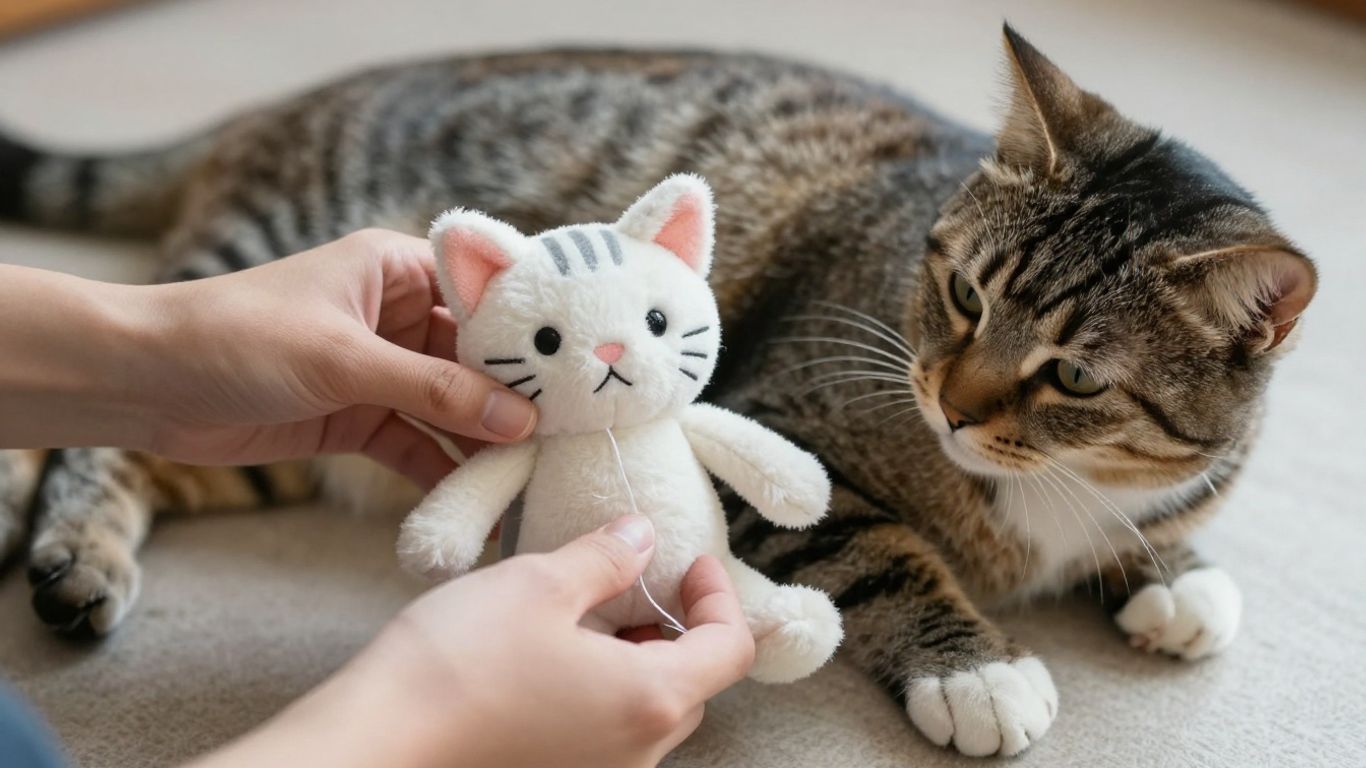 Inspecting a cat toy for loose threads