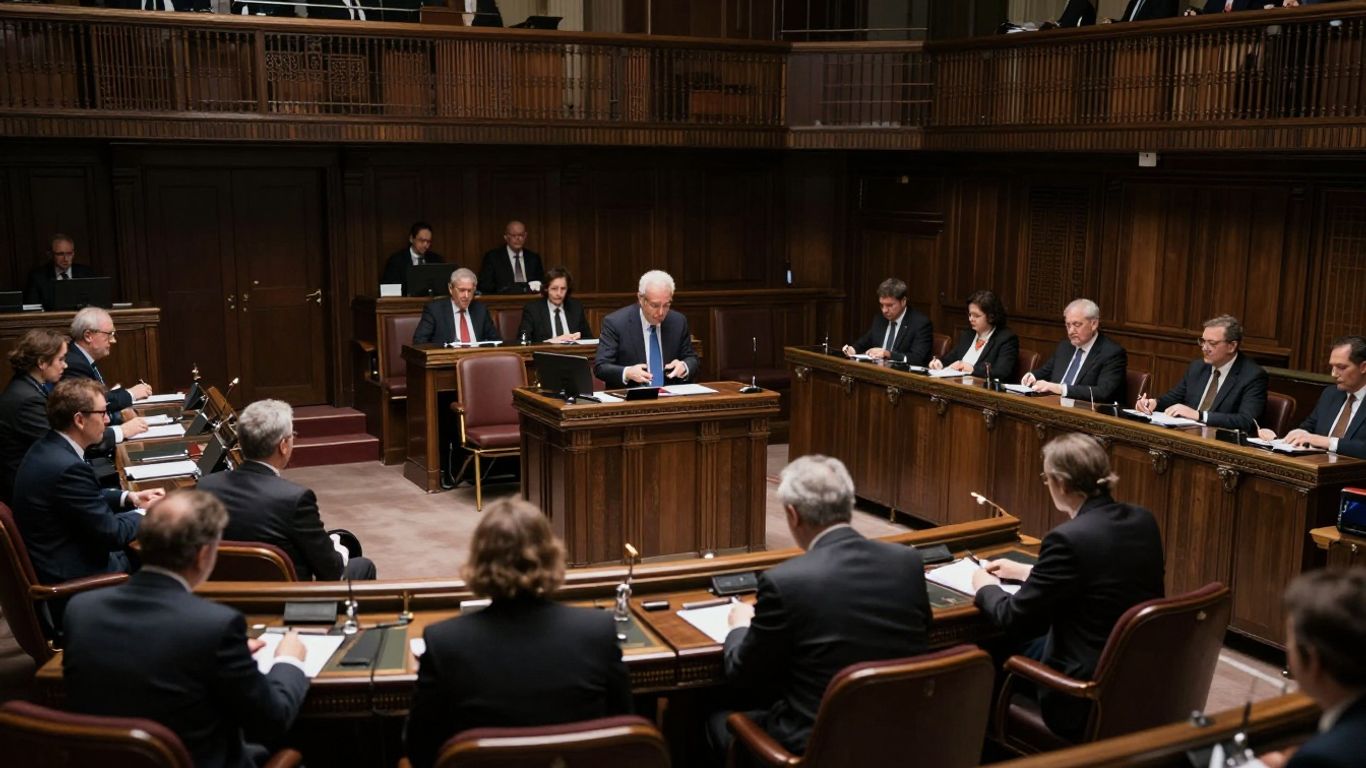 Parlamentari discutând în sala de ședințe.