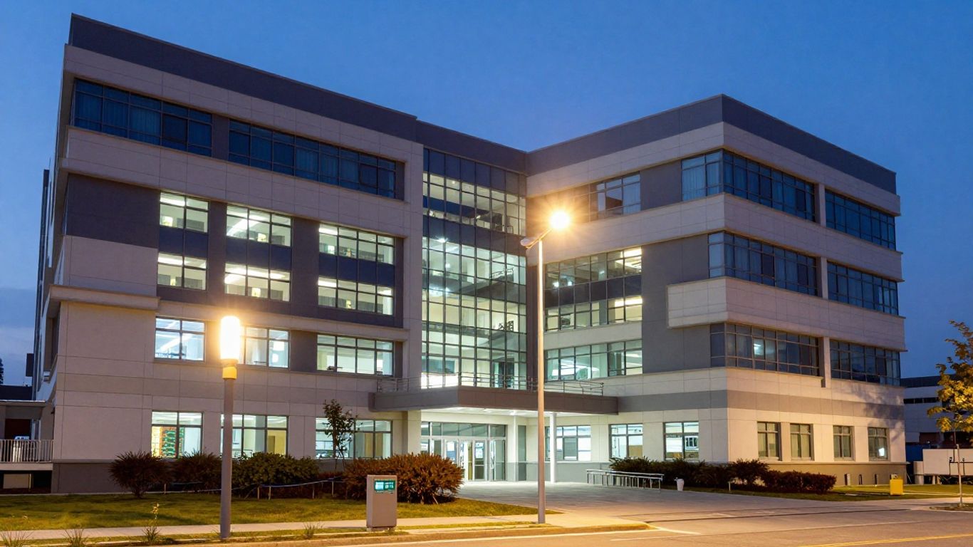 Hospital building with energy-efficient lighting.