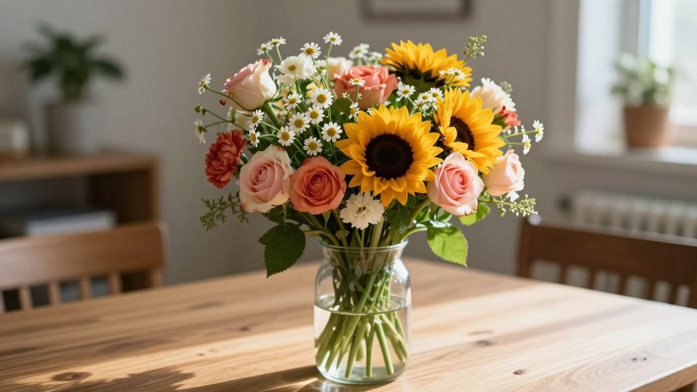 Colorful meaningful flowers in a simple glass vase