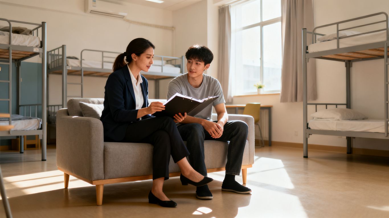 A support worker talking with a resident