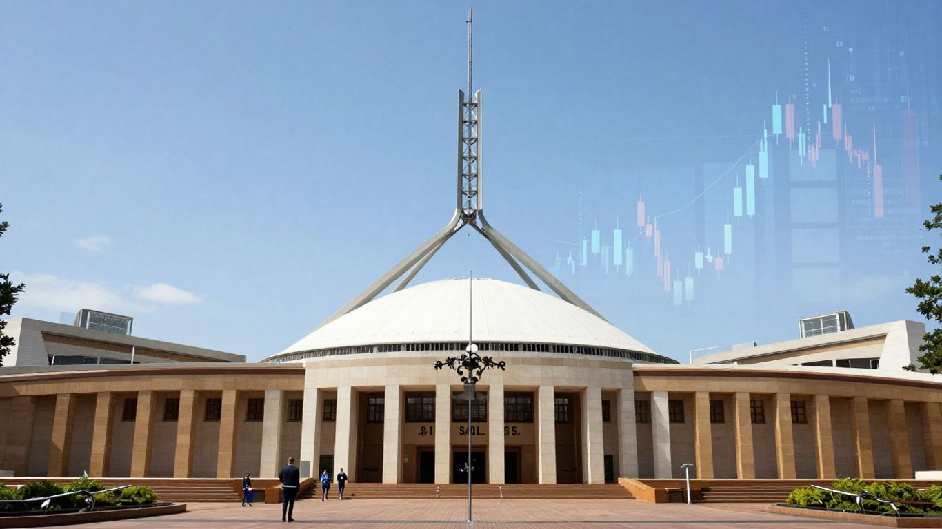 Australian government building with financial graphics overlay