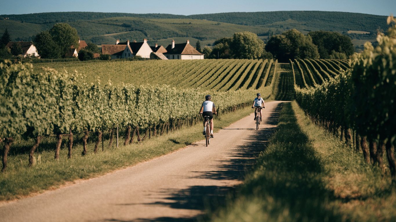 Cyclists riding through Alsace vineyards on a sunny day