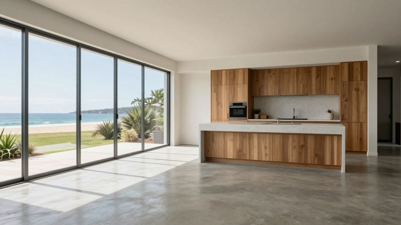 Polished concrete floor in a bright Tauranga interior