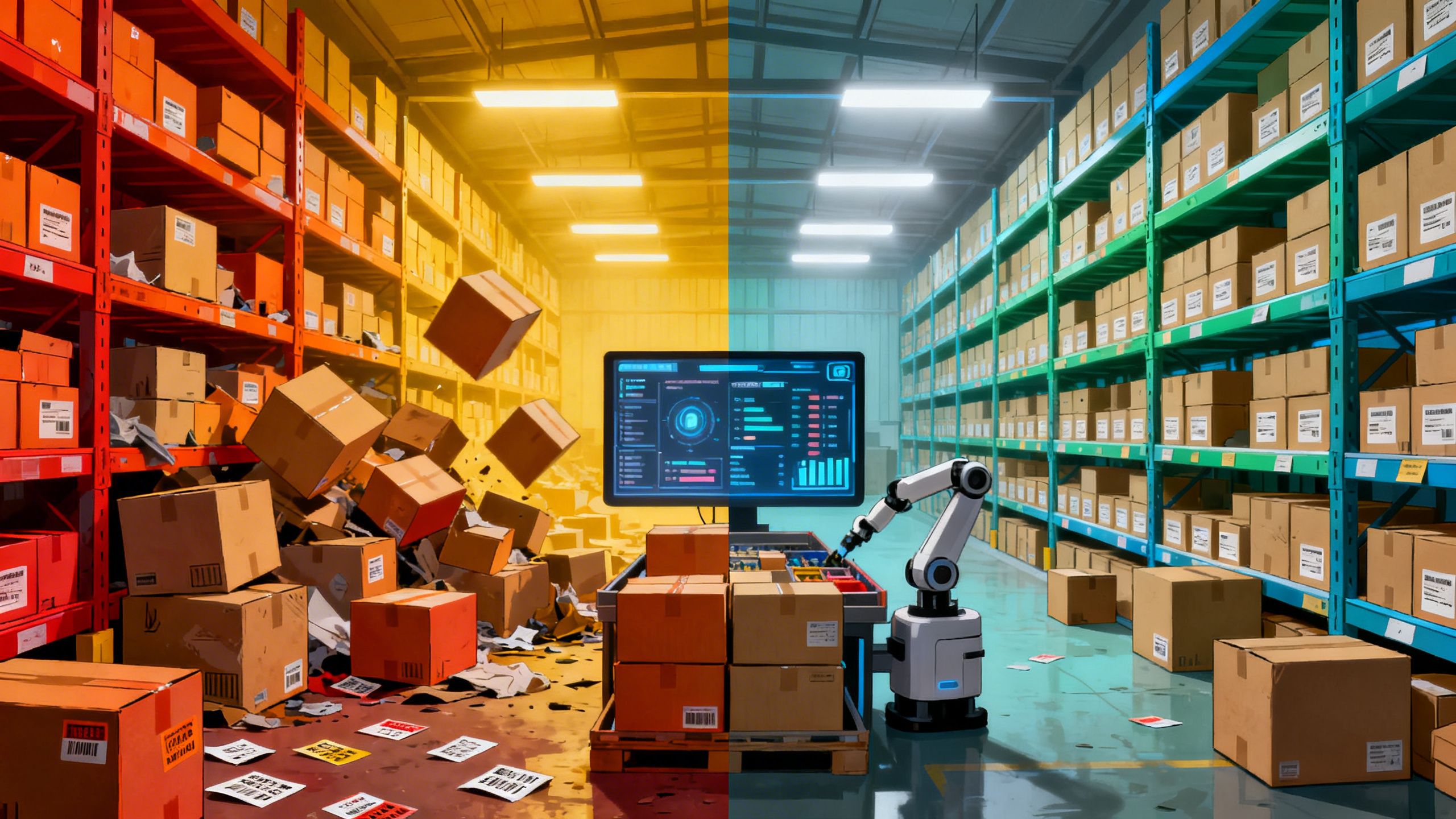 A split image showing a warehouse overflowing with unsold boxes on one side, and a perfectly organized, efficient warehouse on the other, representing the impact of AI foundation models on inventory.