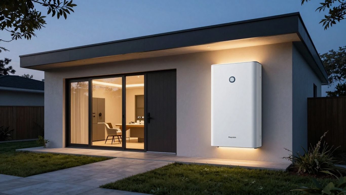 Home battery unit glowing beside a house at dusk.