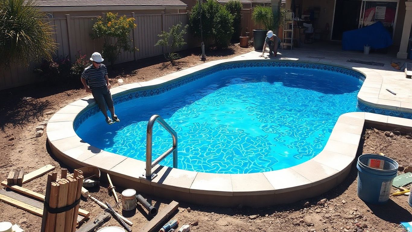 Pool construction site with workers and materials.