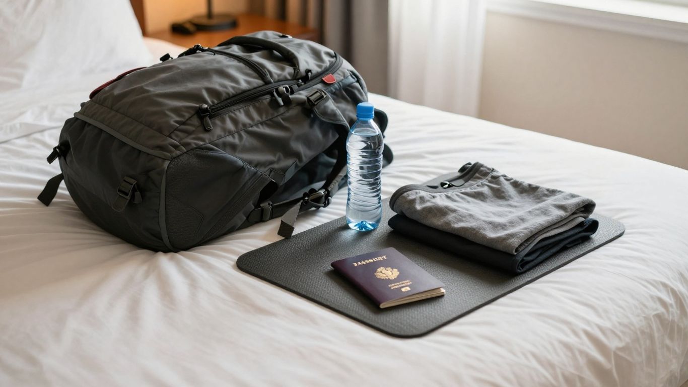 Folded yoga mat packed beside travel essentials