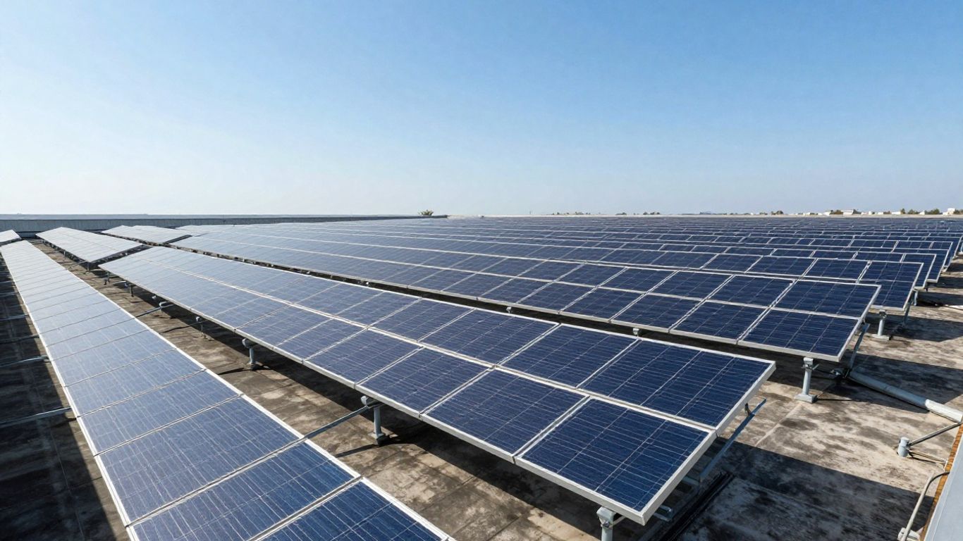 Panneaux solaires sur un grand toit sous le soleil.