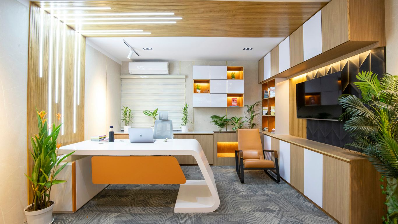 Modern office featuring frosted acrylic dividers
