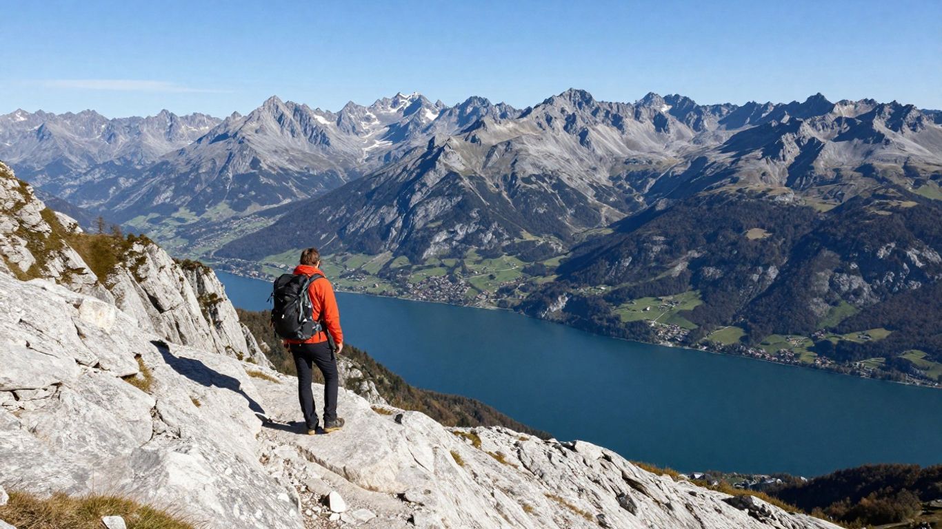 Hiker above Lake Annecy with alpine summit views
