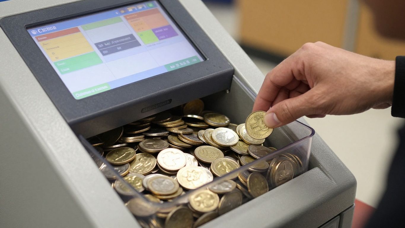 Austin coin sorting kiosk with coins and Coinstar machine.
