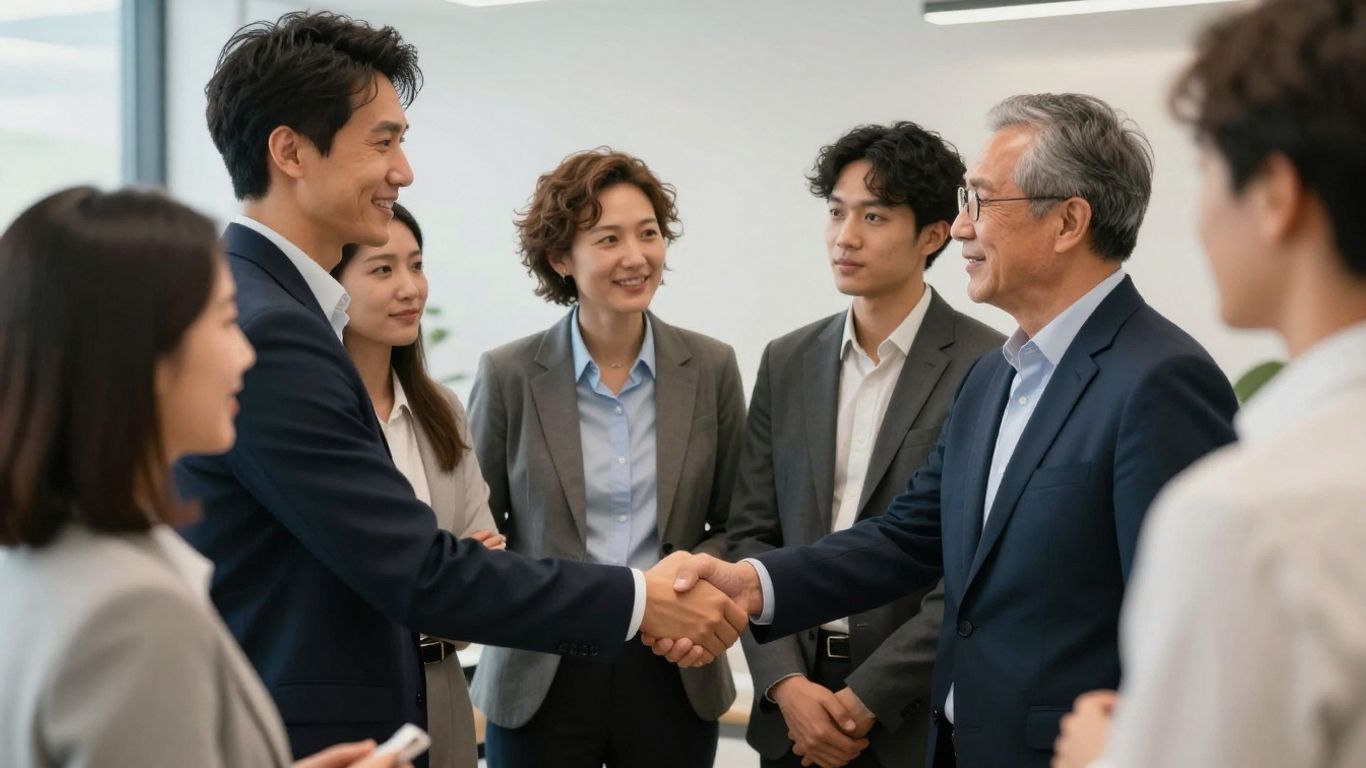 Personas en reunión profesional, estrechando manos.