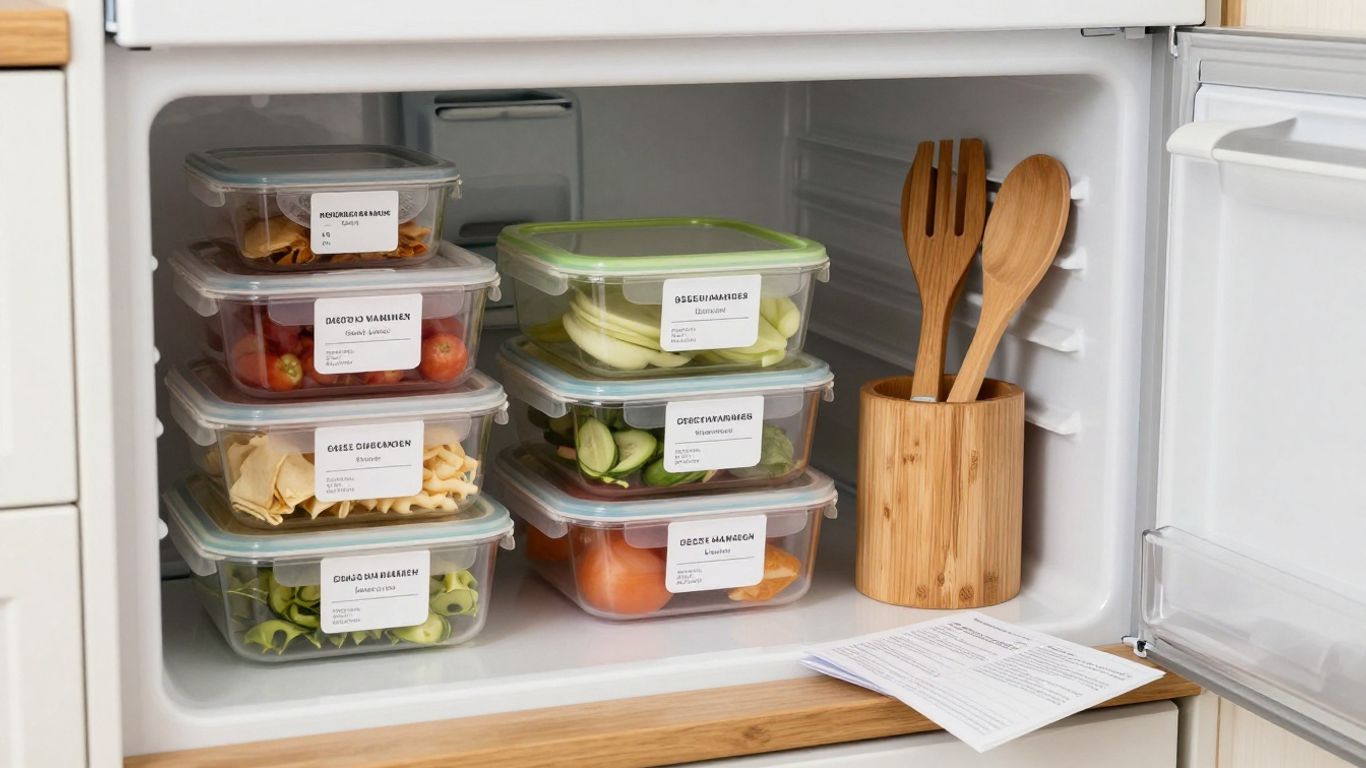 Freezer-ready meal containers beside kitchen utensils