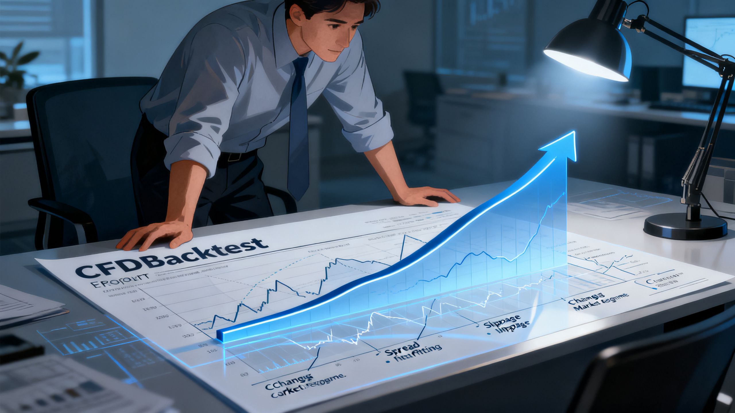 A trader examining a polished CFD backtest while hidden curve fitting, spread costs, slippage and changing market regimes appear beneath the smooth equity curve