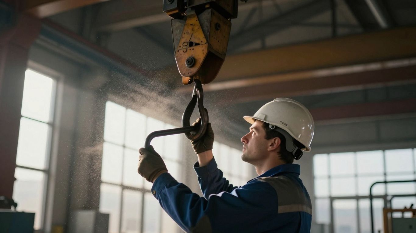 Overhead crane inspection by a worker.