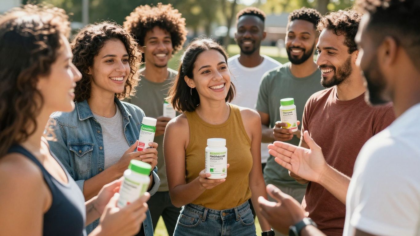 People enjoying Herbalife products and community outdoors.