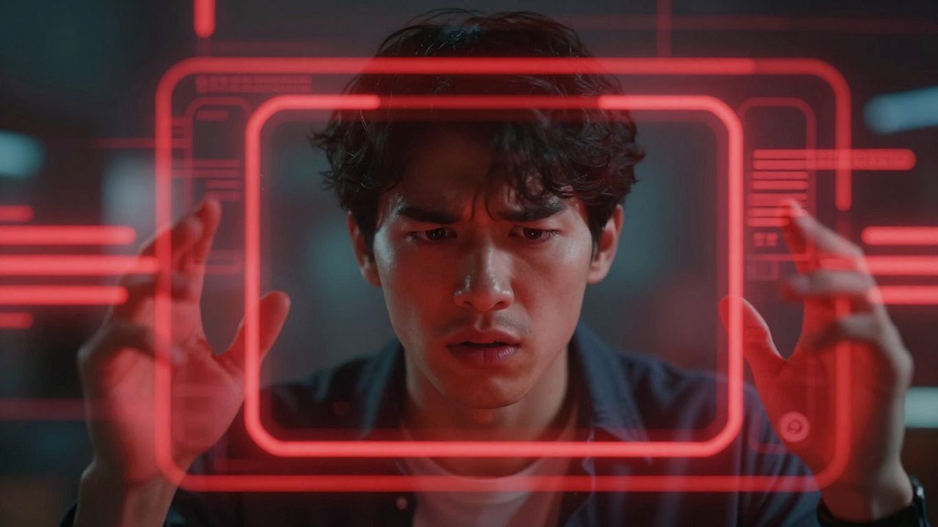 Person trapped behind digital barrier, seeking escape.