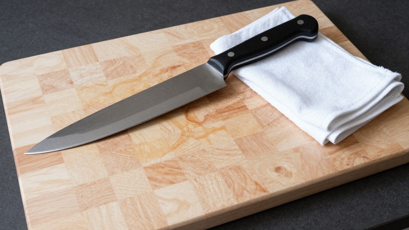 Carbon steel knife beside a clean kitchen towel